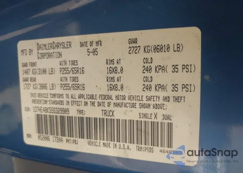 2005 Dodge Dakota Slt из США, поврежденный, VIN 1D7HE48K55S329909